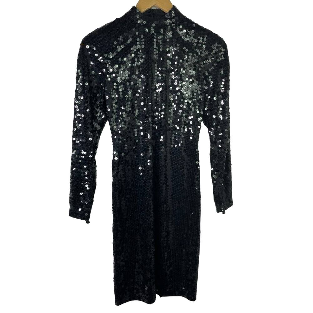 Vintage Black Sequin Dress Long Sleeve 1980s Glam Sparkle - Picture 2 of 10